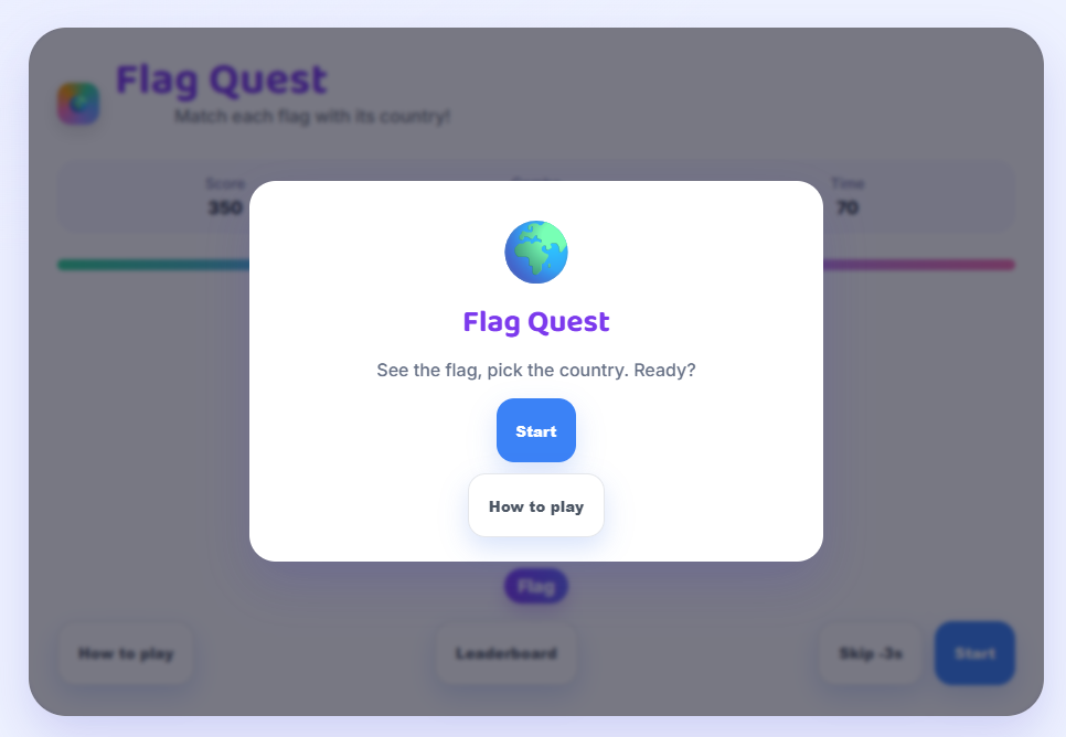 World Flag Quiz - Flag Quest game start screen globe icon.