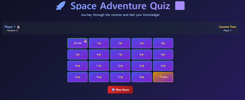 Game board grid showing 20 spaces from START to FINISH with current turn indicator and player positions