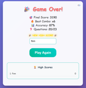 Division quiz game over screen with leaderboard for 3rd graders