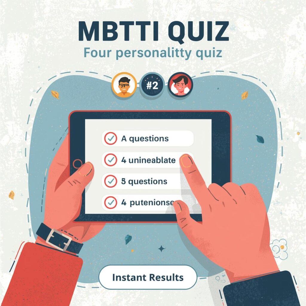 Simple MBTI Test preview showing quiz interface with 4 quick questions and instant results