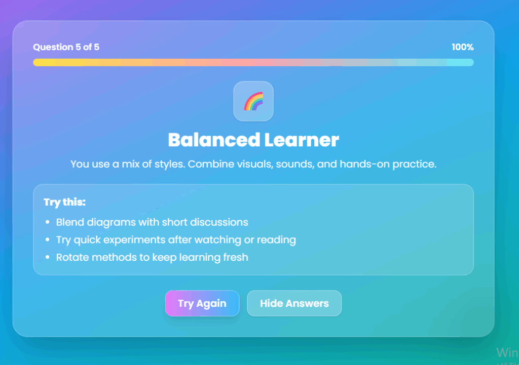 learning style quiz result screen showing balanced learner type with study tips for mixing visuals, sounds, and practice