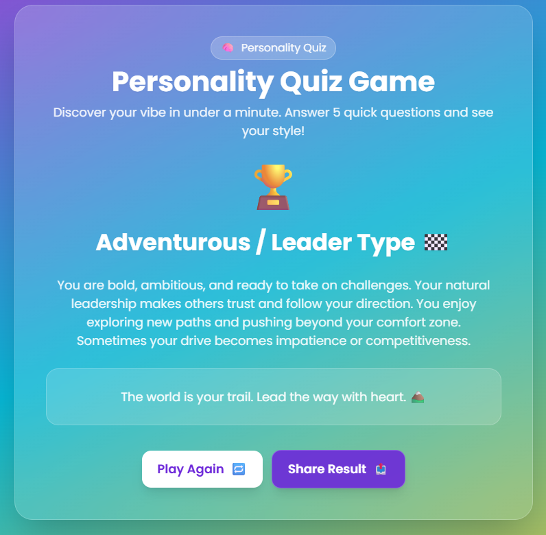 Personality Quiz Game question screen showing multiple choice options in a friendly quiz design
