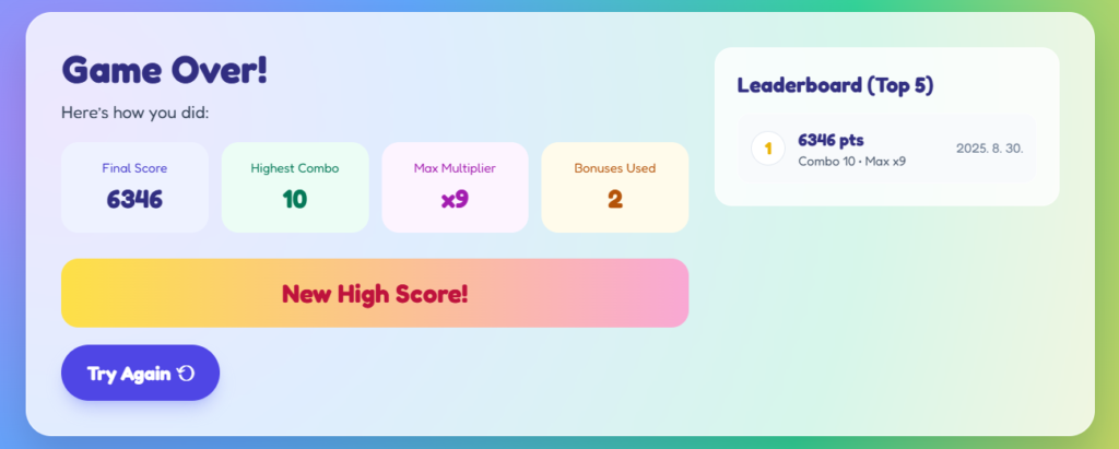 Single-digit addition with carrying game summary showing final score highest combo max multiplier and local leaderboard