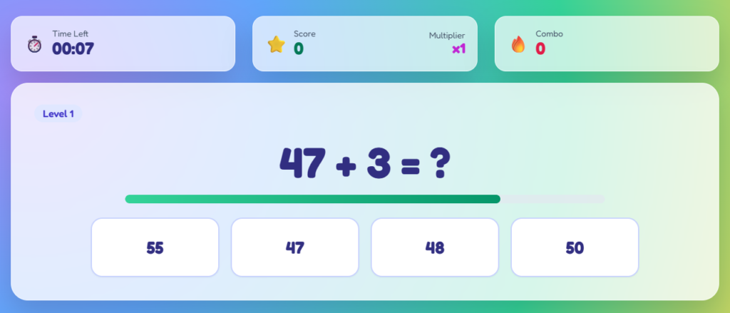 In-game HUD showing timer, score, multiplier, combo, and a sample problem like 47 + 3 = ?