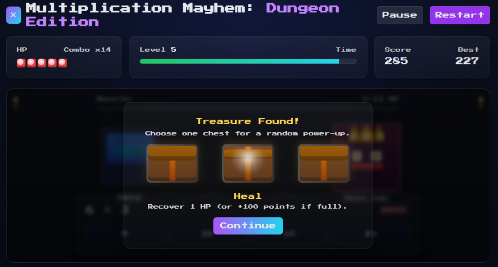 Multiplication Mayhem: Dungeon Edition treasure chest reward after solving multiplication problems
