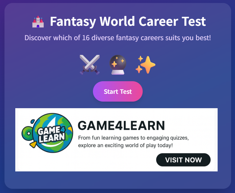 Fantasy World Career Test gallery image 2 – start screen with title and button