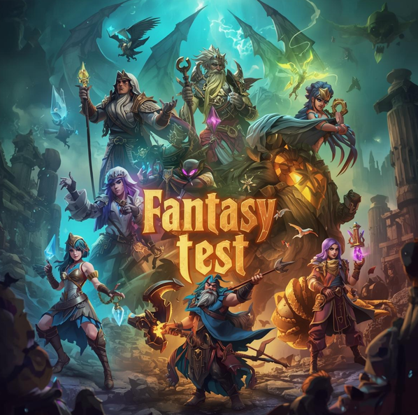 Fantasy World Career Test cover art featuring a party of fantasy heroes and monsters around the game title